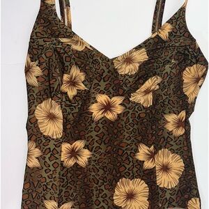 Nicole K Womens Size XL One Pc Swimsuit Brown Leopard Print Floral Hawaiian EUC